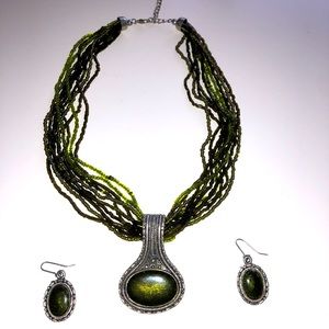Beaded necklace with pendant and matching earrings - shades of green